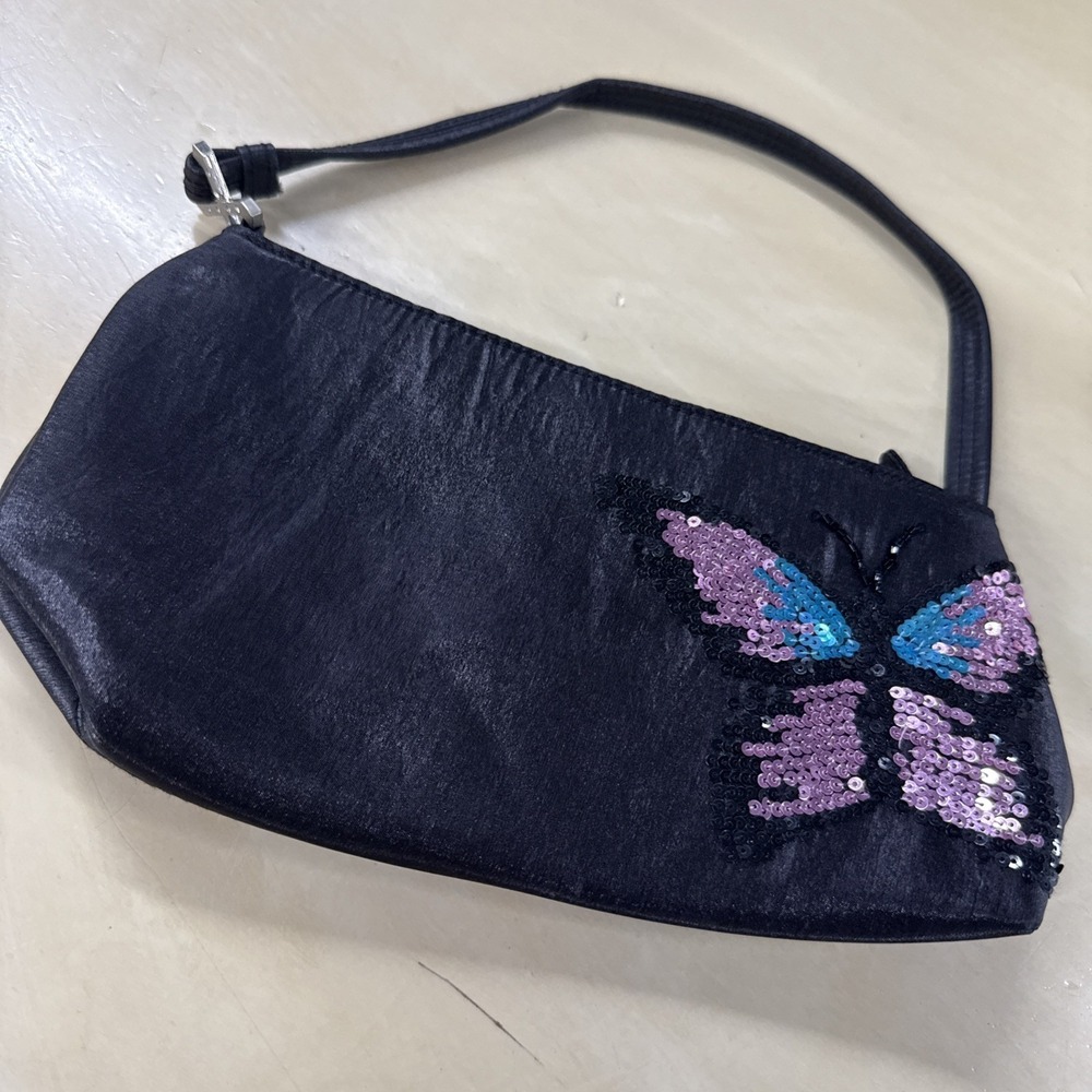 HANDBAG‎ Y2K BLACK XOXO EVENING PINK BLUE SEQUIN BUTTERFLY INSIDE POCKET ZIP TOP